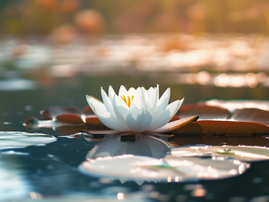 Weisse Seerose auf ruhigem Wasser, Symbol für innere Ruhe und emotionale Ausgeglichenheit.