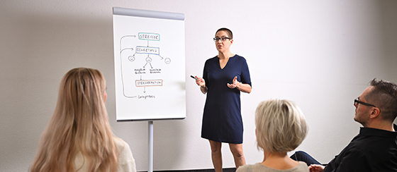 Rebekka Thommen leitet eine Schulung für Organisationen, präsentiert Inhalte auf einem Flipchart und spricht vor einer Gruppe von Teilnehmern.