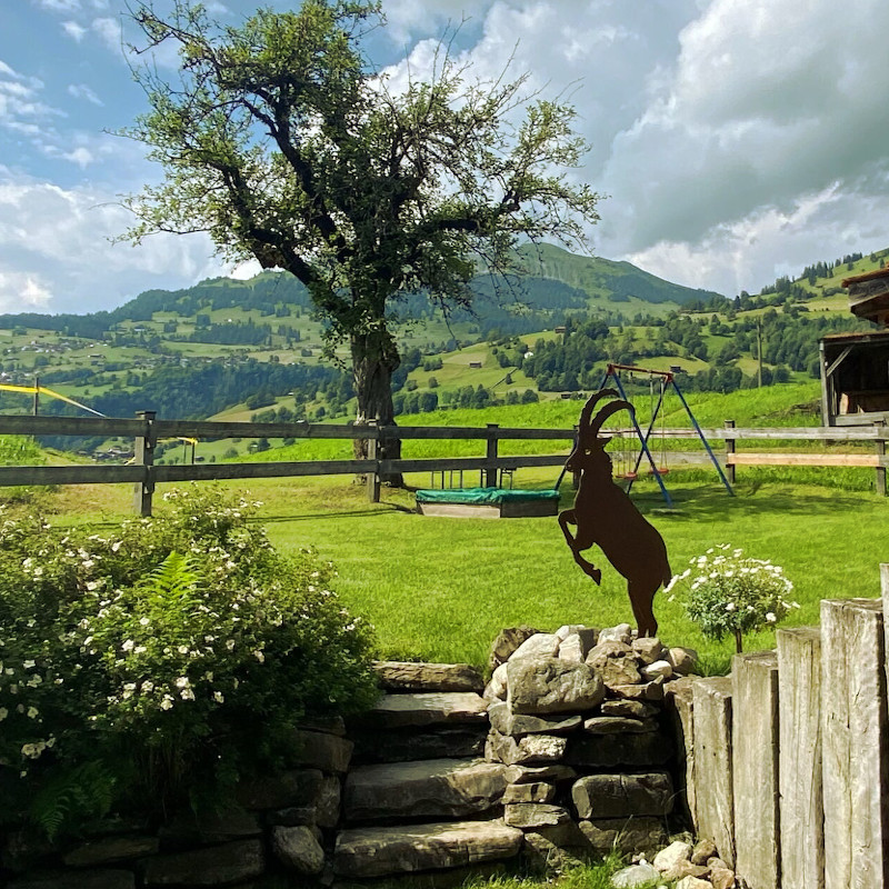 Idyllischer Garten mit Baum und Blick auf die Berge, ein Ort der Ruhe und Selbstfürsorge.
